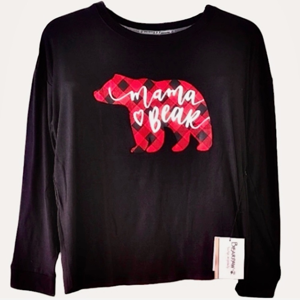 BEARPAW Black & Red Buffalo Plaid MAMA BEAR Long-Sleeve Top Womens Small NEW